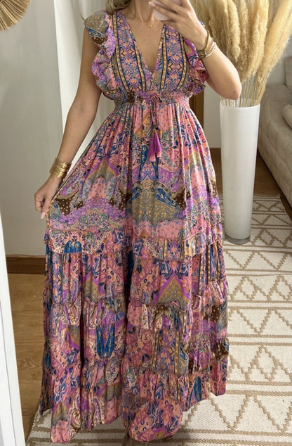 Boho Maxi Dress in 100% Natural Silk – Vibrant Elegance - Bohèmea Butik