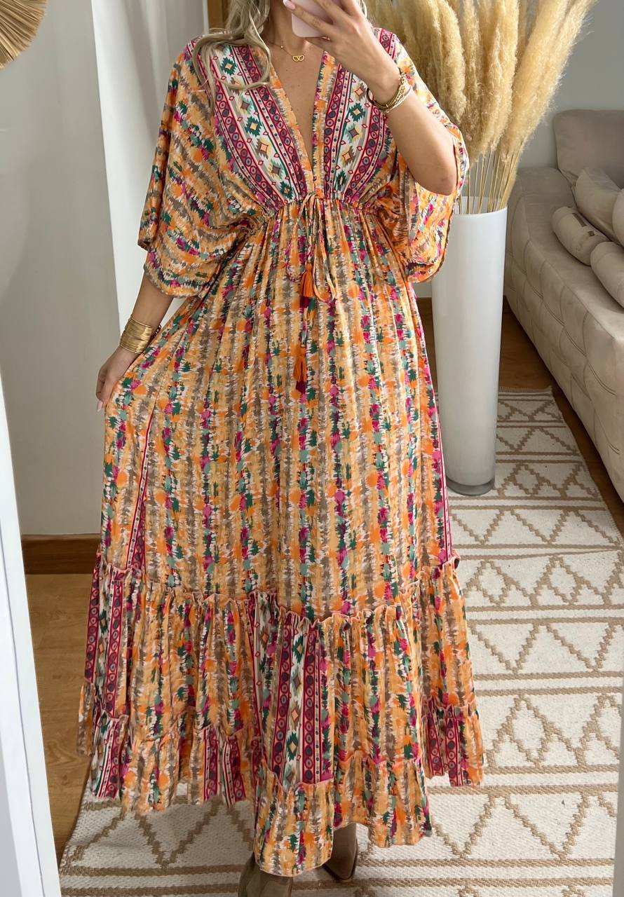 Boho Maxi Dress in 100% Natural Silk – Vibrant Elegance - Bohèmea Butik